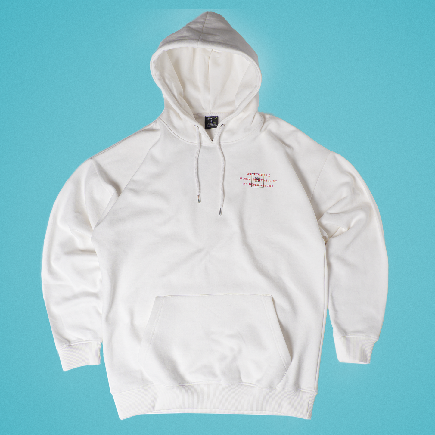 Luxury-inspired white hoodie with 'Grater Things' embroidered on the front, combining cheesy charm with premium streetwear vibes – cozy and clever pun apparel from Grater Things.
