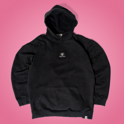 Dark gray acid wash hoodie featuring a ‘digital_toxicity’ patch on the chest, oversized fit with dropped shoulders and cozy fleece lining – glitchcore-inspired streetwear from Grater Things.