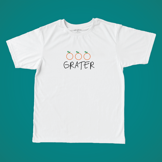 Bright citrus white t-shirt with ‘Citrus Swiss’ embroidered on the front, soft and breathable cotton with a relaxed fit – zesty cheese pun style from the Grater Things lineup.